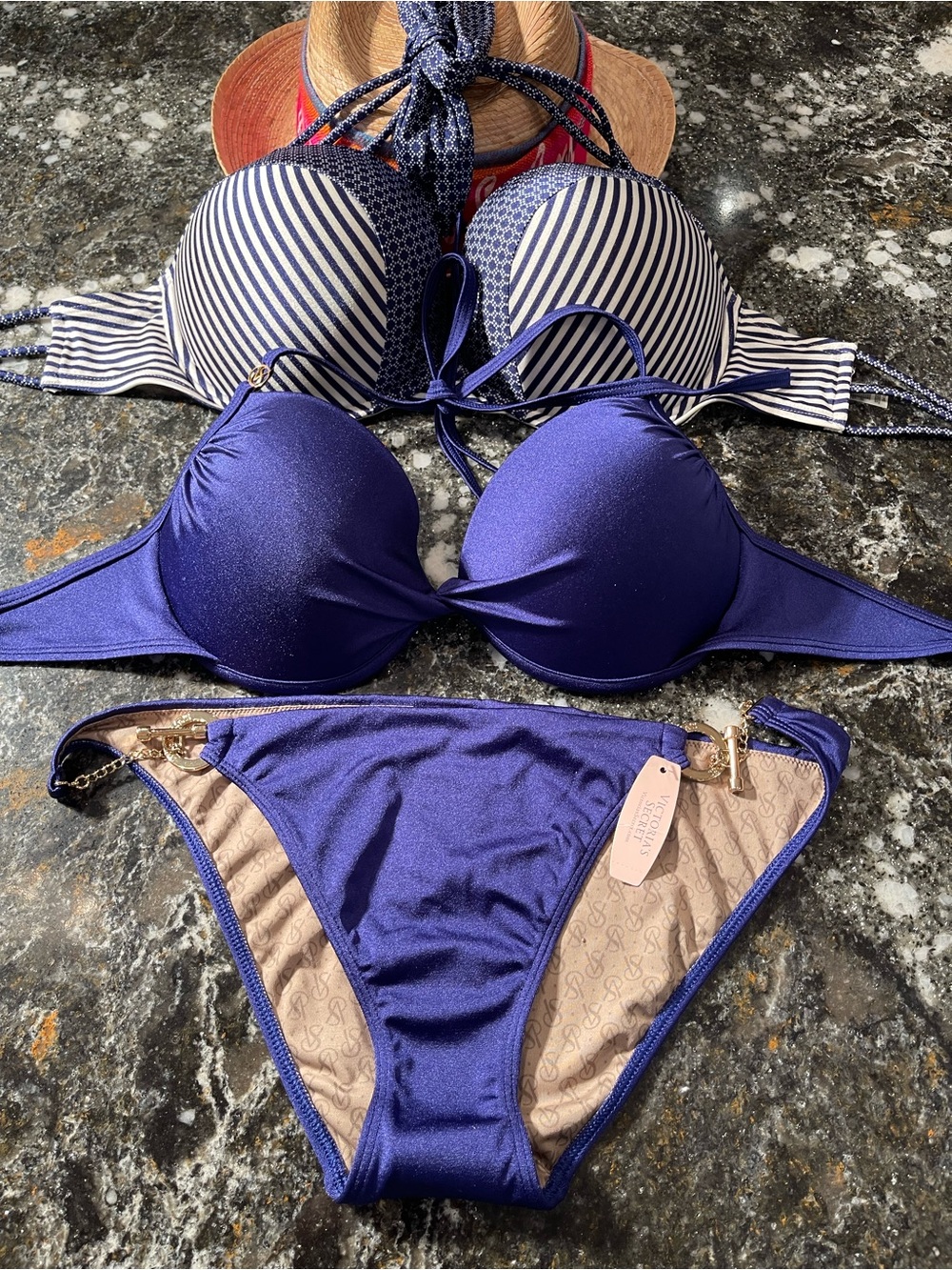 Two Victoria's Secret Shiny Royal Blue Push-Up Bikini tops and medium sets 34D/M
